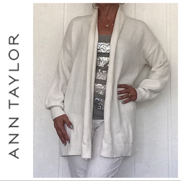 ANN TAYLOR WOOL BLEND WHITE OPEN FRONT CARDIGAN LARGE NWT - Picture 2 of 13